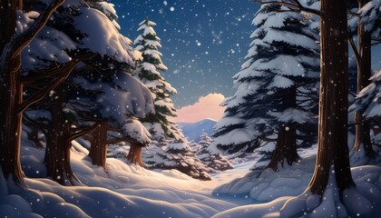 Wall Mural - anime manga inspired cartoon winter wallpaper trees full of snow