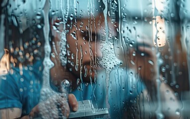 Man cleaning a glass window with a handheld squeegee and soapy water.