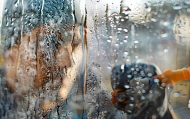 Man cleaning a glass window with a handheld squeegee and soapy water.