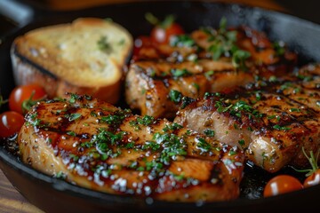 Wall Mural - Glazed chicken breasts, perfectly grilled with herbs and cherry tomatoes in a skillet for a succulent meal