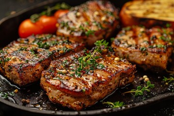 Wall Mural - Perfectly barbecued pork steaks with a herb and spice garnish, served in a sizzling cast iron skillet