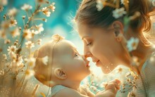 Mother Tenderly Touching Noses With Her Delighted Baby.