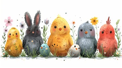 Wall Mural - Featuring adorable easter egg, chicks, rabbit. Design illustration for nursery wall art in a doodle style, baby, kids poster, card, invitation.