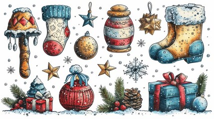 Canvas Print - Christmas elements set. Snow spray paint modern. Graffiti, grunge elements of winter gloves, socks, trees, presents, stars, and cute doodles. Design illustration for decoration, card, sticker, or