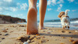 Close up of female legs walking barefoot on sandy beach while dog running in front of her. Generative AI