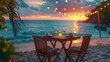 Romantic atmosphere with table for two on beach beside sea with decorative lights at sunset. Generative AI