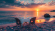 Romantic atmosphere with table for two on beach beside sea at sunset. Generative AI