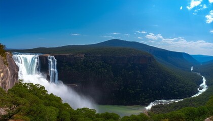 Wall Mural - panoramic view of a waterfall from a high vantage point background image generative ai