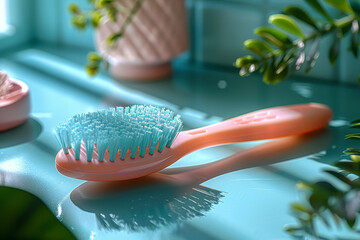 Wall Mural - Light coral-colored hairbrush with pastel blue bristles on a pastel green vanity table, symbolizing self-care and grooming. Generative Ai.