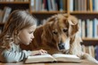 Reading therapy with a dog for children. A little girl reads to a guide dog. The dog helps the child with disabilities and special needs learn to read.