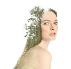 Poster - Double exposure of beautiful woman and trees on white background