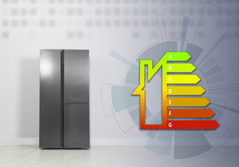 Poster - Energy efficiency rating label and refrigerator indoors