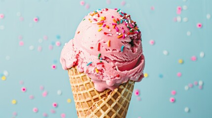 A pink ice cream scoop sits in a waffle cone against a blue background. The ice cream is decorated with colorful sprinkles and has a strawberry or raspberry flavor