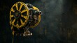 Black and yellow futuristic cinema projector device with dark background