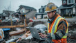 © khonkangrua - A focused construction worker in safety gear uses a laptop on a muddy building site during a cloudy day.