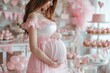 Photo of pregnant woman's belly, baby shower party in pink color. Girl's birth celebration. Pink decor. Girl gently embraces her pregnant belly. Waiting the newborn. Balloons, cupcakes, cakes.