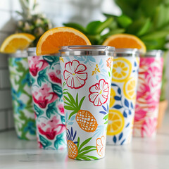 multiple skinny tumblers wraps with fruit and patterns