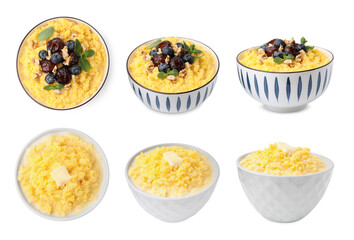 Wall Mural - Set with delicious cornmeal porridge in bowls isolated on white, top and side views