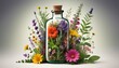 A vibrant explosion of herbs and flowers emerging from an apothecary bottle, HD illustration created with generative ai.