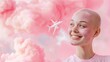 Conceptual photo of young smiling bald woman, sick with cancer, against of pink sky and clouds. Banner, mockup. Drawn clouds, plane, idea of dreams, recovery, remission, oncology.