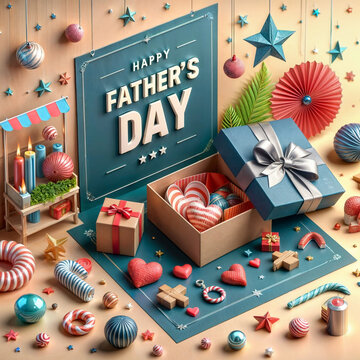 3d Father's day sales poster design. Illustrated with the opened gift box along with some festive decorations. Concept of sending love and surprise for dads. 3d illustration created with generative ai