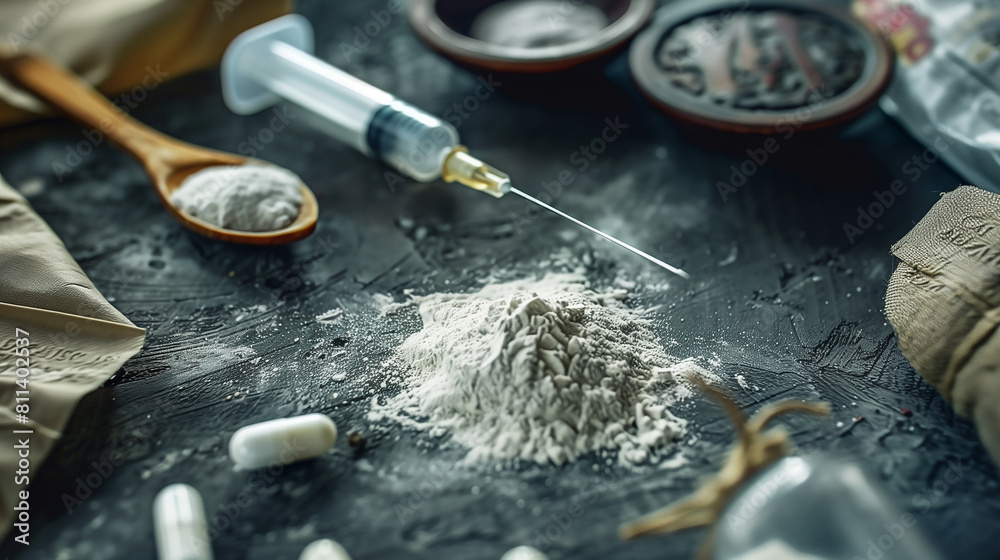 Springin Drug syringe drug with white powder heroin powder in a spoon and small bags ...