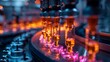 In this macro shot, glass ampoules are filled. The production process for pharmaceuticals in a modern pharmaceutical factory.