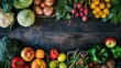 A wooden table adorned with a colorful array of fruits and vegetables, showcasing local food ingredients for wholesome recipes and natural whole foods AIG50