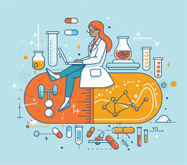 Wall Mural - 
A scientist woman sitting on top of an oversized pill, working with her laptop and surrounded by various scientific symbols such as test tubes, microscopes, lab equipment,