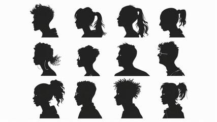 Wall Mural - Vector, isolated silhouette of sitting people, large collection, sitting man and girl 3D avatars set vector icon,