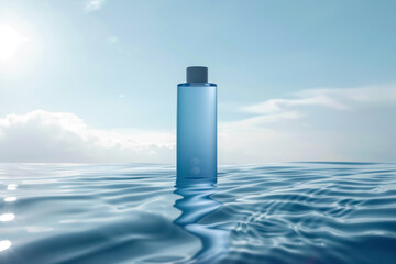 cosmetic product floating on serene ocean water under clear blue sky