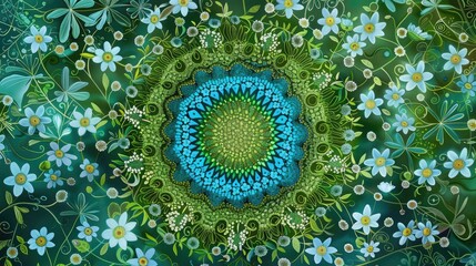 Poster - On the vibrant mandala designed to celebrate the summer solstice a mesmerizing backdrop of green floral patterns intertwines gracefully with delicate forget me not blooms
