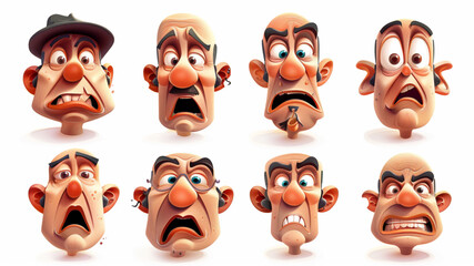 Wall Mural - 
Cartoon 1930-s retro faces. Vintage emotional face, old style funny eyes and mouth, different facial expression on white background 3D avatars set vector icon, white background