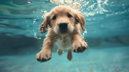 Wall Mural - Underwater funny photo of golden labrador retriever puppy in swimming pool play with fun - jumping, diving deep down. Actions, training games with family pets and popular dog breeds on summer vacation