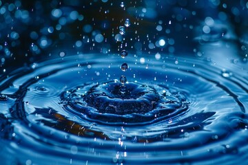 Poster - highly detailed macro photography of a single water drop creating ripples on a smooth water surface