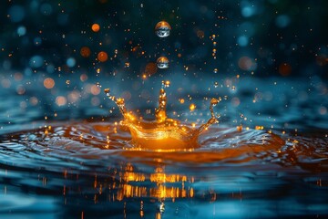 Poster - A stunning close-up of a water splash, capturing reflective golden droplets in mid-air, conveying a sense of motion
