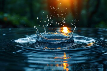 Poster - An artistic depiction of a water droplet impact resulting in a crown-like splash, backlit by a warm sunset light