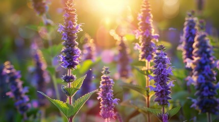 Canvas Print - Hyssop thriving in meadow and flowers garden Refreshing blooms in countryside garden