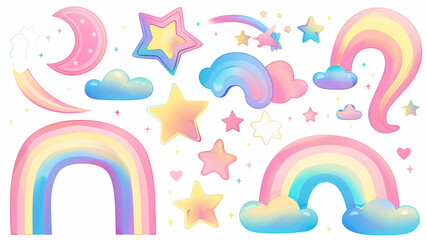 Wall Mural - Cartoon rainbow. Cute heaven arc, cloud, star and heart with rainbow tail. Magic color stripes hand drawn vector illustration set 3D avatars set vector icon, white background, black colour icon