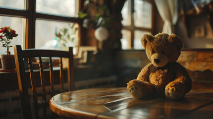 Cute teddy bear sits on a round wooden table in front of the window