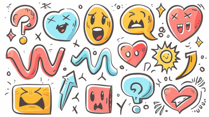 Canvas Print - Doodle expressions sign. Comic emotion effects, Manga hand drawn color decorative emoticons elements