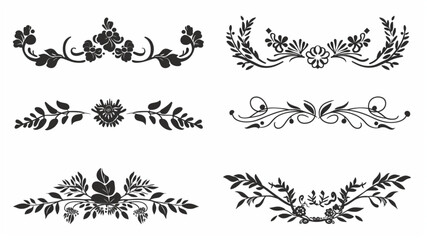 Wall Mural - Decorative dividers. Hand drawn floral ornament, text divider, flower border, flourish arrow, foliage wreath, curly branch 3D avatars set vector icon, white background, black colour icon