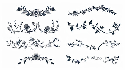 Wall Mural - Decorative dividers. Hand drawn floral ornament, text divider, flower border, flourish arrow, foliage wreath, curly branch 3D avatars set vector icon, white background, black colour icon