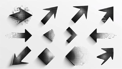 Wall Mural - Dotted arrow. Halftone arrows with circle particles, direction simple signs. Black pointer with dots and halftone effect 3D avatars set vector icon, white background