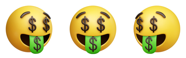 Poster - Money mouth face three-dimensional emoji. Money-obsessed emoticon isolated on transparent background. 3D rendering