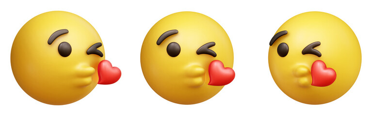 Poster - Face blowing a kiss three-dimensional emoji. Affection emoticon isolated on transparent background. 3D rendering