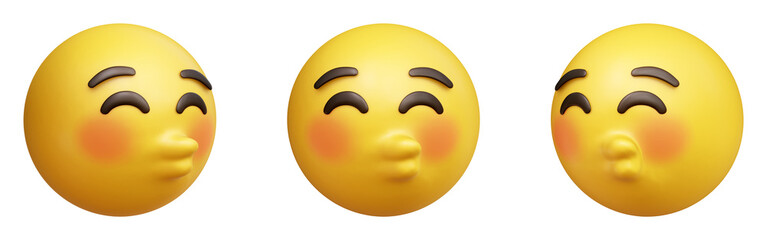 Poster - Kissing face with close eyes three-dimensional emoji isolated on transparent background. 3D rendering