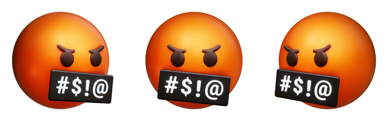 Poster - Angry face with symbols on mouth three-dimensional emoji. Swearing emoticon isolated on transparent background. 3D rendering