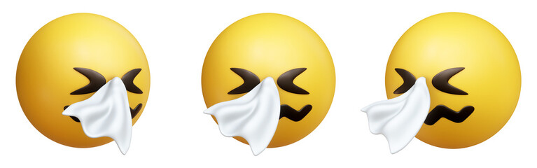 Poster - Sneezing face three-dimensional emoji. Blowing nose emoticon isolated on transparent background. 3D rendering