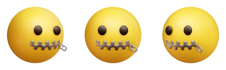 Poster - Zipper mouth face three-dimensional emoji. Mouth sealed shut emoticon isolated on transparent background. 3D rendering